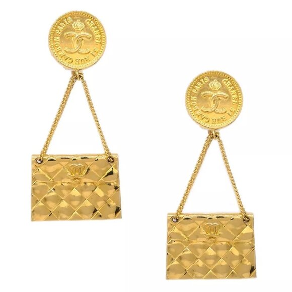 Chanel Gold Bag Dangle Earrings Clip-On 23 - Picture 1 of 4